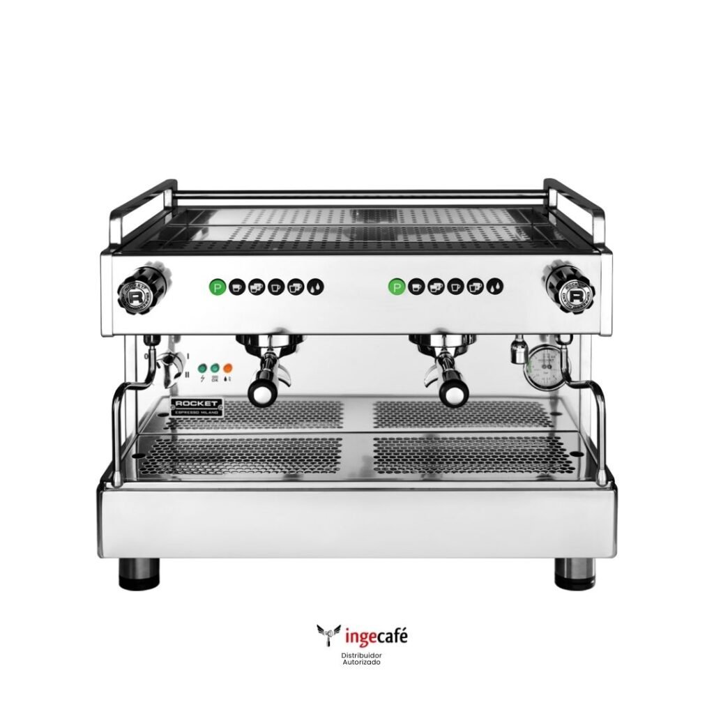 Máquina de café industrial Rocket Boxer de dos grupos en acero inoxidable.